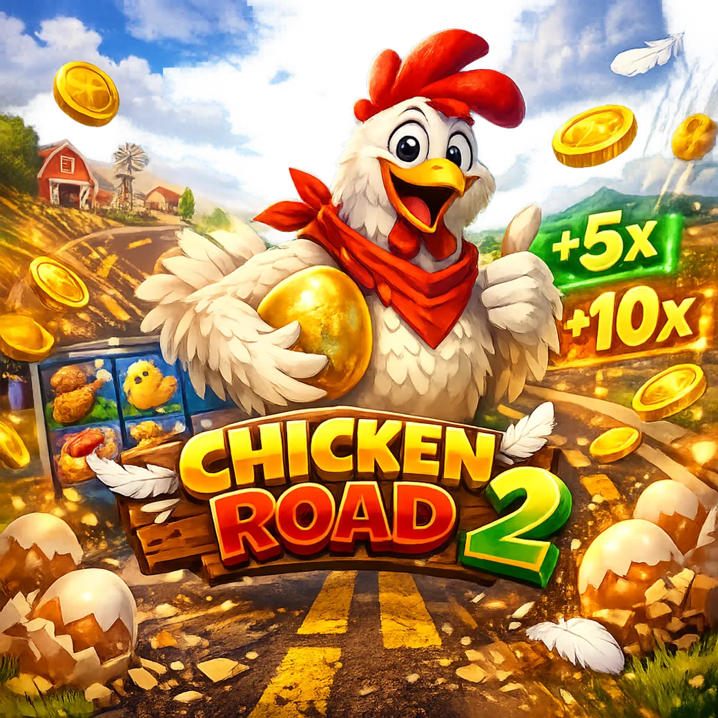 Promotional image for Chicken Road slot featuring a funny chicken mascot on a road with eggs and coins.